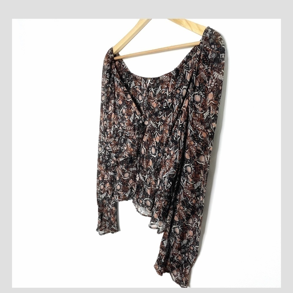 Free People Bell Sleeve Black Peach Print Top Long Sleeve Tie Front Blouse XS - Picture 4 of 7